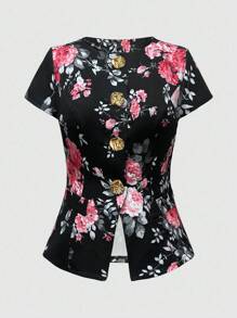 Sweetra Plus Size Button Pocket Covered Collar Short Sleeve Shirt - Multicolor - View 1