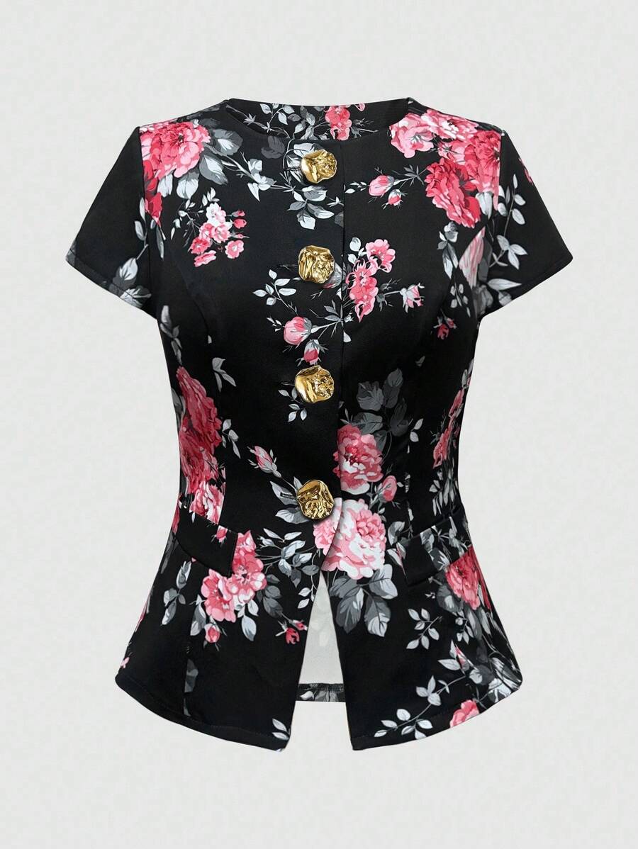 Sweetra Plus Size Button Pocket Covered Collar Short Sleeve Shirt - Multicolor - View 1