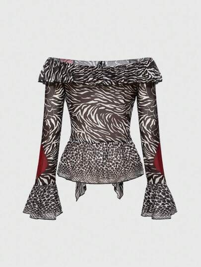 Hippie Chemise de dame à imprimé animal à l'épaule dénudée avec volant à l'ourlet, beauté sauvage style Y2K