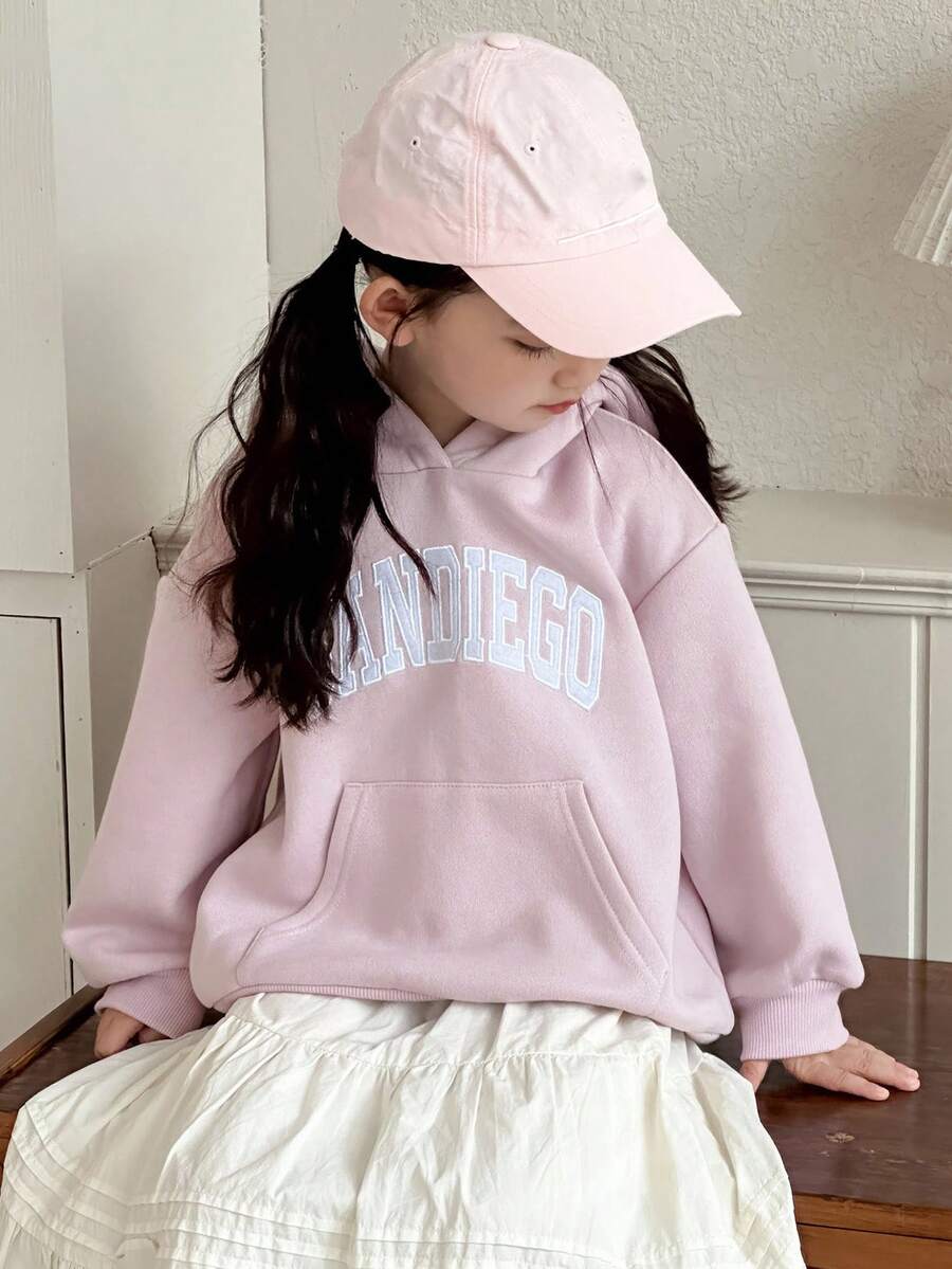 DAZY Young Girl Drop Shoulder Knit Fleece Hoodie With Embroidered Letter, Autumn/Winter - Pink - View 1