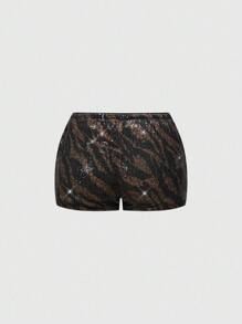 ROMWE J-Fashion 女式复古嬉皮音乐节性感低腰豹纹斑马纹亮片面料紧身短裤，二合一亮片背心两件套 - 黑色 - 查看 6