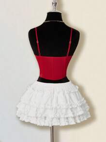 SHEIN ICON 女式鱼骨文胸上衣和褶皱荷叶边下摆裙两件套，性感唇彩蛋糕裙适合派对、生日、休闲装、秋冬季女装 - 紅白色 - 查看 2