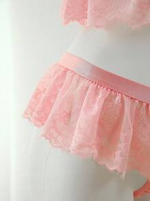 SHEIN Bộ 2 chiếc áo ngực không dây và quần lót ren gợi cảm cho nữ khi đi chơi - Hồng - Xem 6