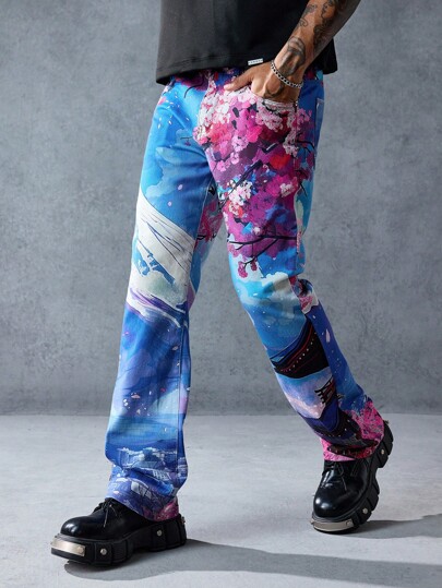 Street Life Jeans de mezclilla con bolsillo con estampado floral para hombre