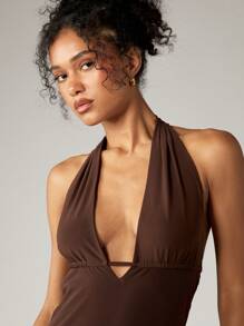 AiiRZ Vestido largo de noche con cuello halter, sin espalda, escote en V profundo, vestido de fiesta formal de longitud hasta el piso, sin mangas, cintura imperio - Marrón - Ver 6