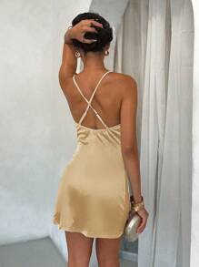 Glamine 女士优雅热带度假短裙，细肩带摇摆领口，金属海星和贝壳链装饰，蓝色针织面料，春夏 - 香檳色 - 查看 2