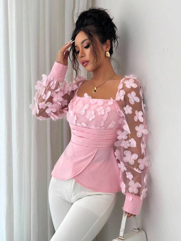 Elenzga ¡Encanto romántico rosa! Blusa de manga larga con malla y flores 3D, con silueta elegante y dulce. Mangas abultadas con ajuste ceñido, versátil para uso diario y citas