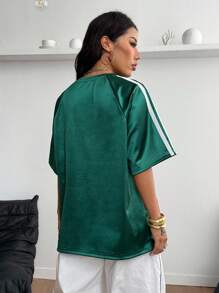 Coolane 女式夏季大码图案运动衫T恤，金属银色，适合音乐节和运动装 - 墨綠色 - 查看 6