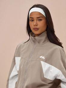 MUSERA 超大翻领尼龙运动外套，撞色拼接，全拉链上衣（仅限上衣部分）。书店出品，超大款，适合机场、运动、节日、休闲、日常、冬季、晚间、春季穿着。 - 灰色 - 查看 6