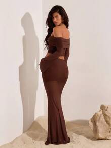 Opulessa Women's Solid Color Pleated Off Shoulder Flare Sleeve Cropped Top And Fitted Midi Skirt 2-Piece Set, Brown Two Pieces Set Women, 2 Pieces Long Skirt Set Mesh Two Pieces Set Brown Mesh Two Pieces Set Two Pieces Maxi Skirt Set