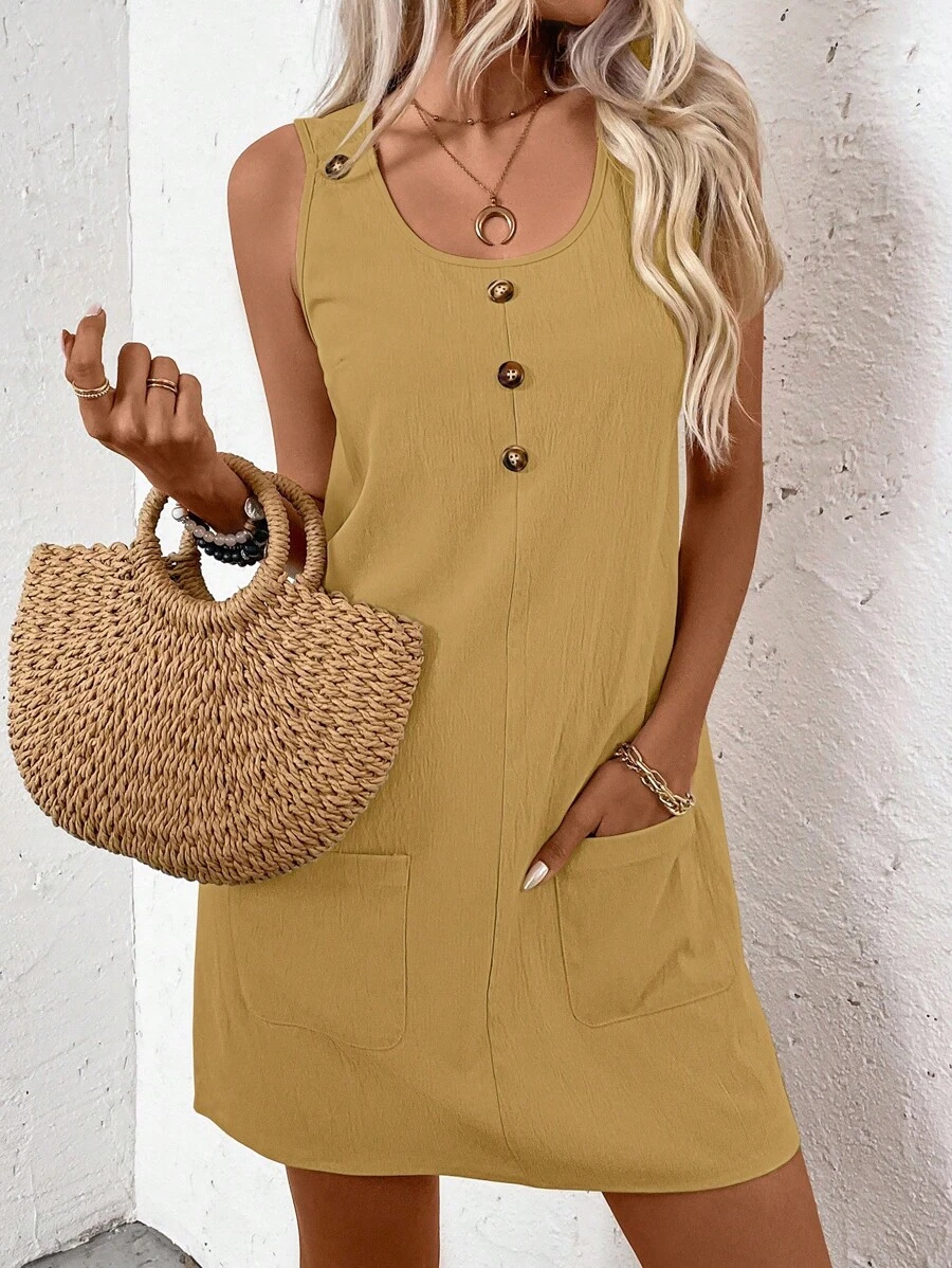 SHEIN LUNE Women's Casual Daily Vacation Minimalist Solid Color Scoop Neck Patchwork Pocket Sleeveless Loose Dress, Summer - Yellow - View 1