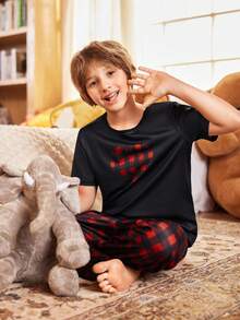 青少年男孩心形格子短袖睡衣套装 - 彩色 - 查看 1