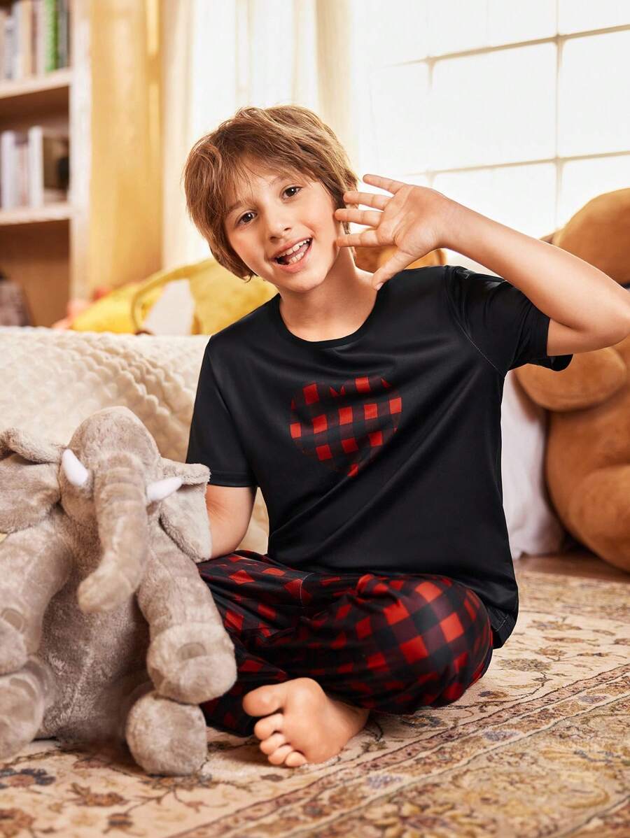 青少年男孩心形格子短袖睡衣套装 - 彩色 - 查看 1