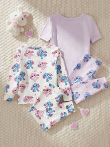 Conjunto de 4 piezas de pijama casual y ajustado para bebés niñas, con estampado de dibujo de Stitch, ropa cómoda para estar en casa para Halloween, primavera/otoño/invierno - Multicolor - Ver 2