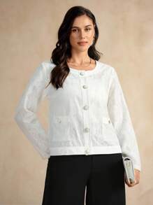 Flouryn Jaket Putih Wanita Ukuran Besar dengan Leher Bulat, Lengan Raglan, Kancing Tunggal, dan Patchwork Renda, Jaket Kasual Kantor Elegan untuk Musim Gugur - Putih - View 4