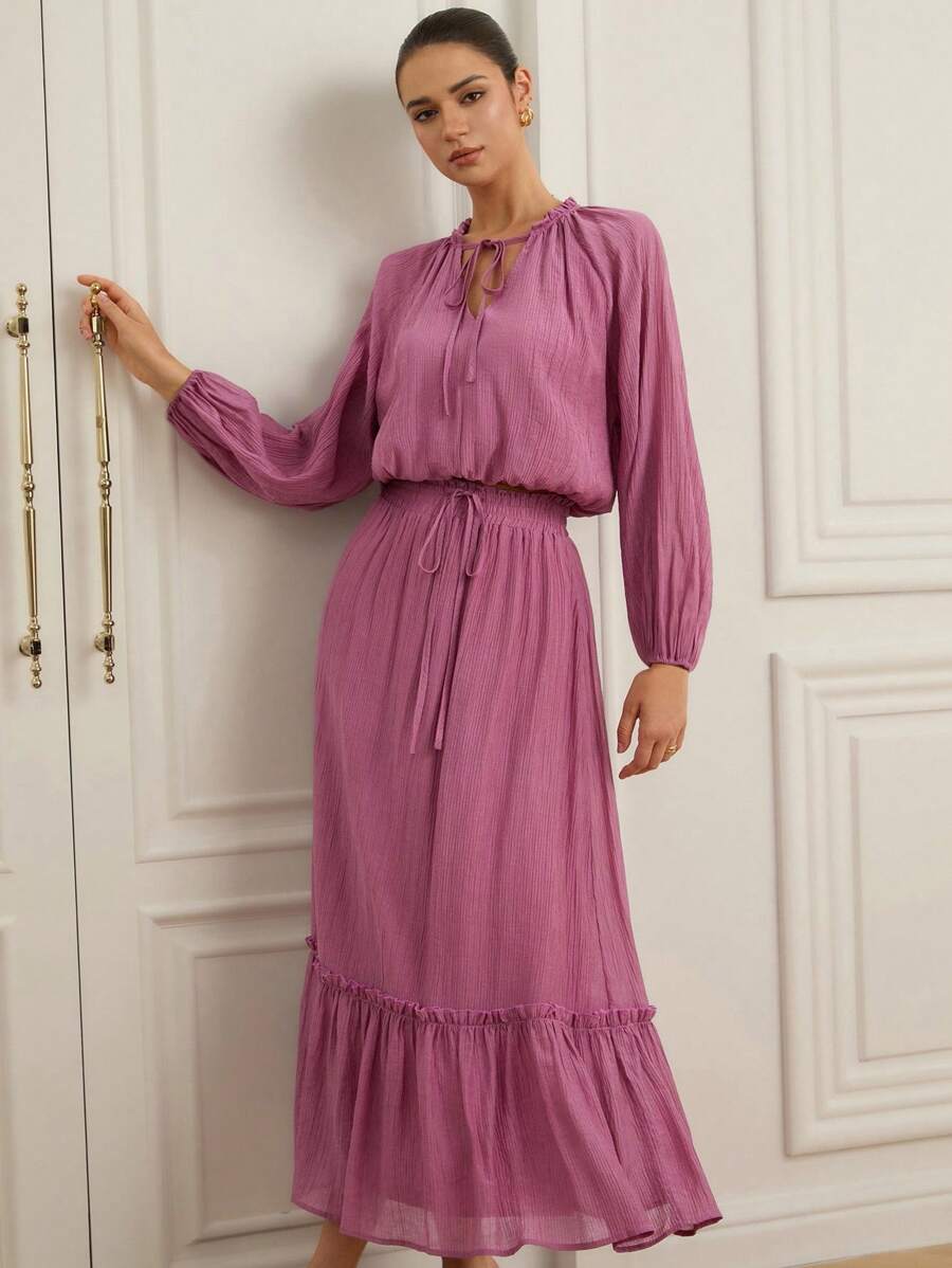 Aveloria 2 件女式褶皱效果高腰宽松舒适灯笼袖半透明系带 V 领荷叶边下摆衬衫和长裙套装，夏季/秋季 - 紫色 - 查看 1