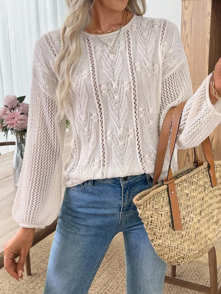 Women's Loose Fit Hollow Out Round Neck Long Sleeve Casual Sweater White Sweater White Knit Top Eyelet Sweater Fall For Women Sweaters For Women Jerseys For Women Fall Women Knitted Sweater Knit Sweater Fall For Women Going Out Jumpers