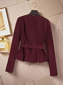 Áo khoác nữ cổ tròn tay dài màu trơn, cài nút đơn thanh lịch - Màu Đỏ Sâu - Xem 2