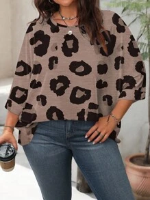 SHEIN LUNE 加大码休闲豹纹印花宽松圆领长袖 T 恤，适合春夏季 - 彩色 - 查看 6