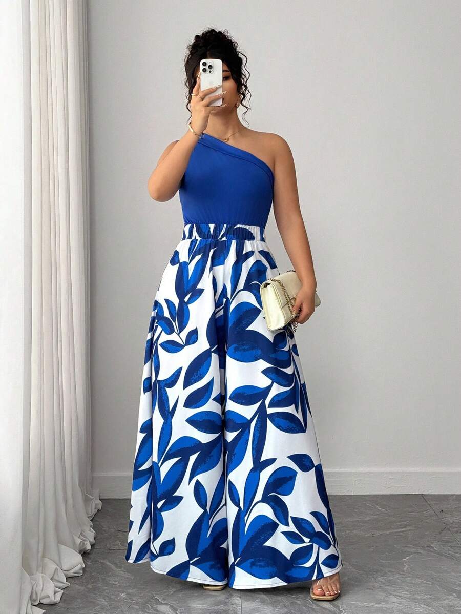 Elenzga Bộ đồ liền thân ống rộng không tay in họa tiết cây cảnh cỡ lớn dành cho nữ - Nhiều màu - Xem 1