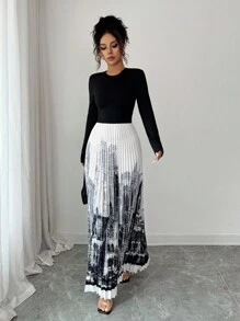 Rafferiza Women's Knitted 2 In 1 Long Sleeve Round Neck Patchwork Pleated Printed Maxi Dress,Black And White,Autumn,Elegant,Evening Wedding Guest Party Dress - Black - View 4