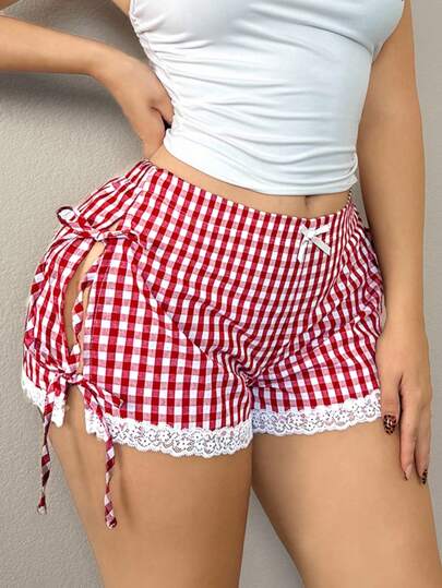 Sweetina 女士超短裤，腰部侧蝴蝶结，格子，可爱，性感蕾丝边睡衣秋季女装