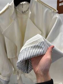 INAWLY Áo khoác gió ngắn thắt lưng ve áo trơn màu thời trang đường phố dành cho nữ, mùa thu - Màu be - Xem 5