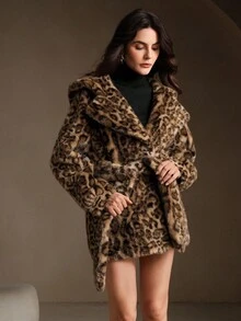 Anewsta Chaqueta de piel sintética con estampado de leopardo y cinturón de cintura suelta - Marrón - Ver 4