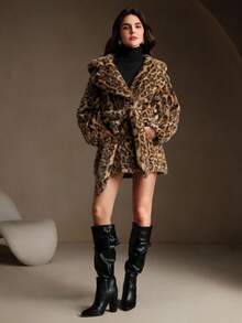 Anewsta Chaqueta de piel sintética con estampado de leopardo y cinturón de cintura suelta - Marrón - Ver 8