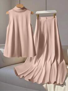 GlowEve 夏季优雅纯色系带吊带背心和半身裙两件套 - 卡其色 - 查看 2