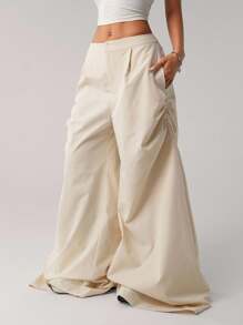 SHEIN ICON Pantalones de pierna ancha y arrastrando con cintura baja y fruncidos, estilo vintage para volver al colegio - Albaricoque - Ver 4