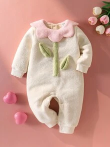 SHEIN Playful Pals 女童秋冬花卉印花连体裤，适合幼儿的可爱外套 - 杏色 - 查看 3