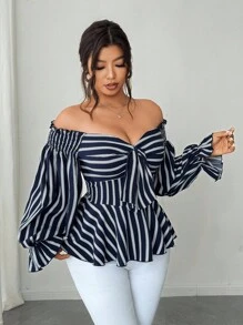 Elenzga Plus Size Off-Shoulder Long Sleeve Casual Vacation Blouse Fall Cloth For Women - Navy Blue - View 5