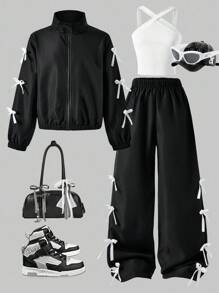 Sparklyn 3 件套青少年女孩服装：带蝴蝶结装饰的黑色拉链夹克、白色交叉肩带背心、蝴蝶结装饰阔腿裤，适合外出、度假、派对、返校 - 黑與白 - 查看 3