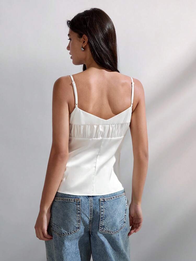 SHEIN Maija White Satin Pleated Bust Tie-Up Design Women Camisole, Versatile Fashion Minimalist Top With Design Details, Spring/Summer