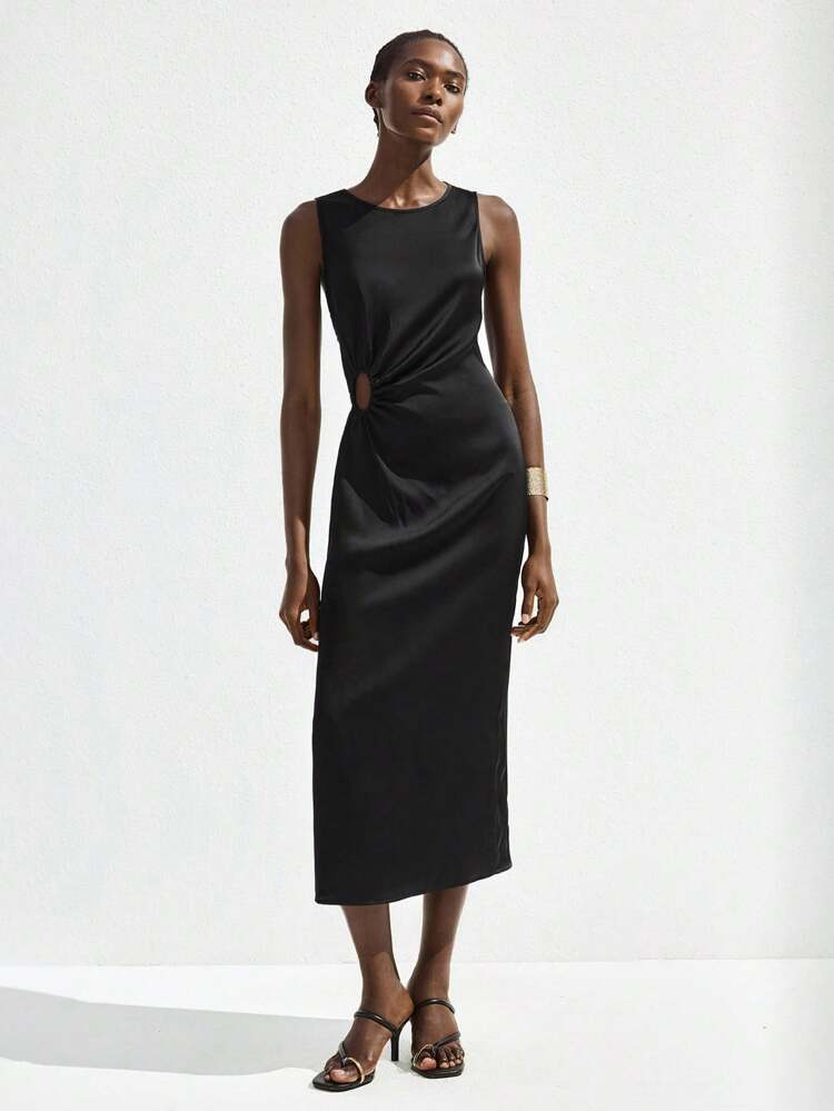 SHEIN Maija Black Waist Cutout Minimalist Sleeveless Fitted Midi Dress For Women, Waist Cinched Simple Stylish Figure Flattering, Suitable For St. Patrick's Day, Spring Break, Easter, Music Festivals, Gatherings, Parties