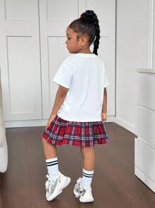 Young Girl 2pcs Set: Knitted Crew Neck T-Shirt & Plaid Skirt