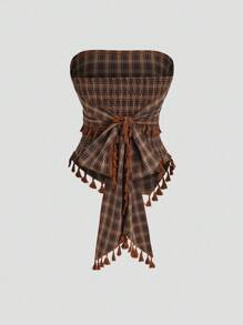 Sweetra 法式复古格子流苏蝴蝶结短款吊带背心 - 棕色 - 查看 1