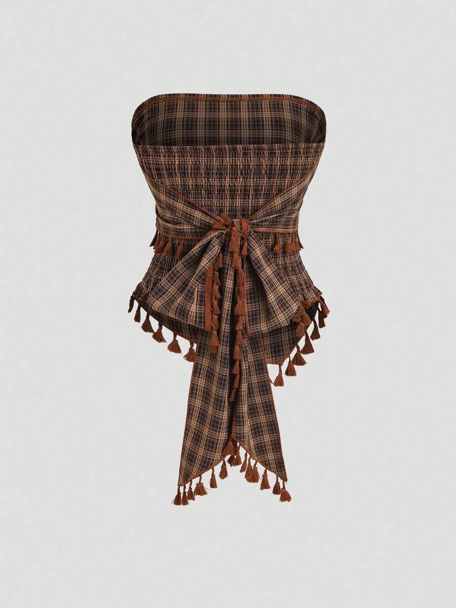 Sweetra 法式复古格子流苏蝴蝶结短款吊带背心 - 棕色 - 查看 1