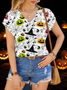 Shutterstock Glamance Fall Women Clothes Women's V-Neck All-Over Print Casual Short Sleeve T-Shirt, Summer Halloween Graphic Tee Women Halloween T-Shirt Women Cartoon Women Graphic Tees Halloween Halloween Tops For Women Back To School Going Out Tops Women Suitable For Going Out - Multicolor - View 1