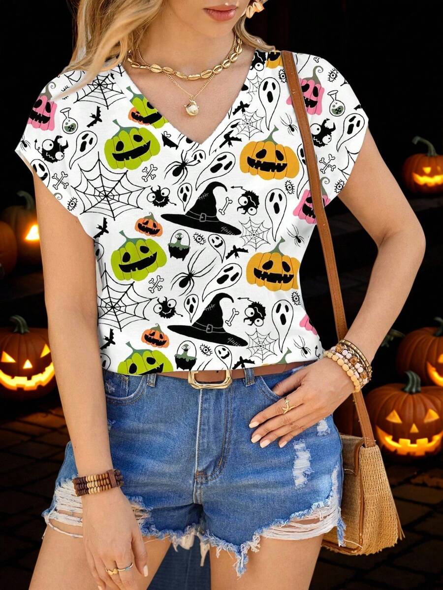Shutterstock Glamance Fall Women Clothes Women's V-Neck All-Over Print Casual Short Sleeve T-Shirt, Summer Halloween Graphic Tee Women Halloween T-Shirt Women Cartoon Women Graphic Tees Halloween Halloween Tops For Women Back To School Going Out Tops Women Suitable For Going Out - Multicolor - View 1
