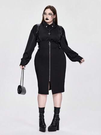Gothic Retro Damen eleganter Mode PU Träger Reißverschluss Vorne Schlitz Rock, Große Größen, Herbst