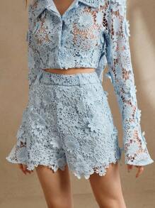 Anewsta Women's White Lace Trim Casual Vacation/Festival Shorts - Blue - View 5