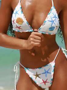 Swim Vcay Top de biquíni feminino bordado com estrela do mar, acabamento em concha, saída de praia fofa em cores contrastantes, sexy e casual para festa na praia na primavera/verão, conjunto de 2 peças - Multicolorido - Ver 1