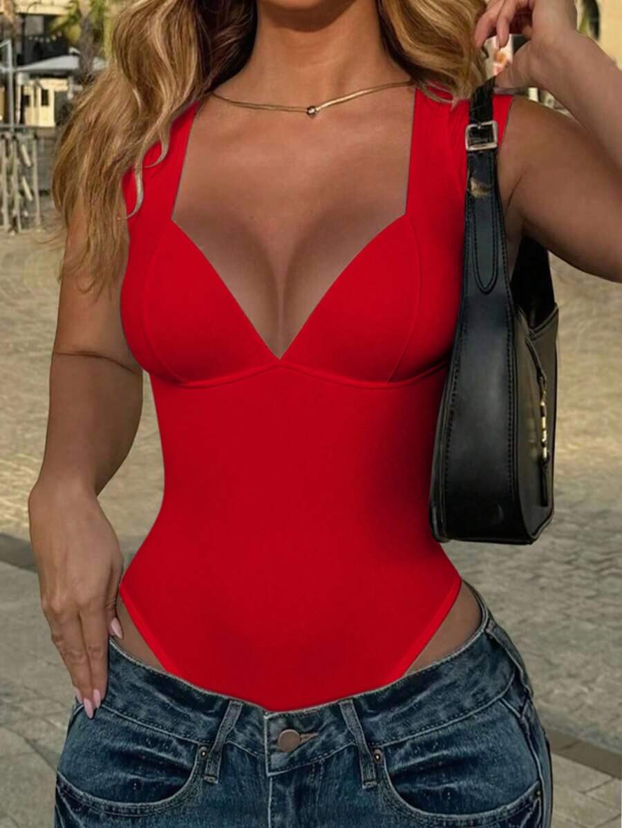 INAWLY 性感修身低胸罗纹连体衣 - 紅色 - 查看 1