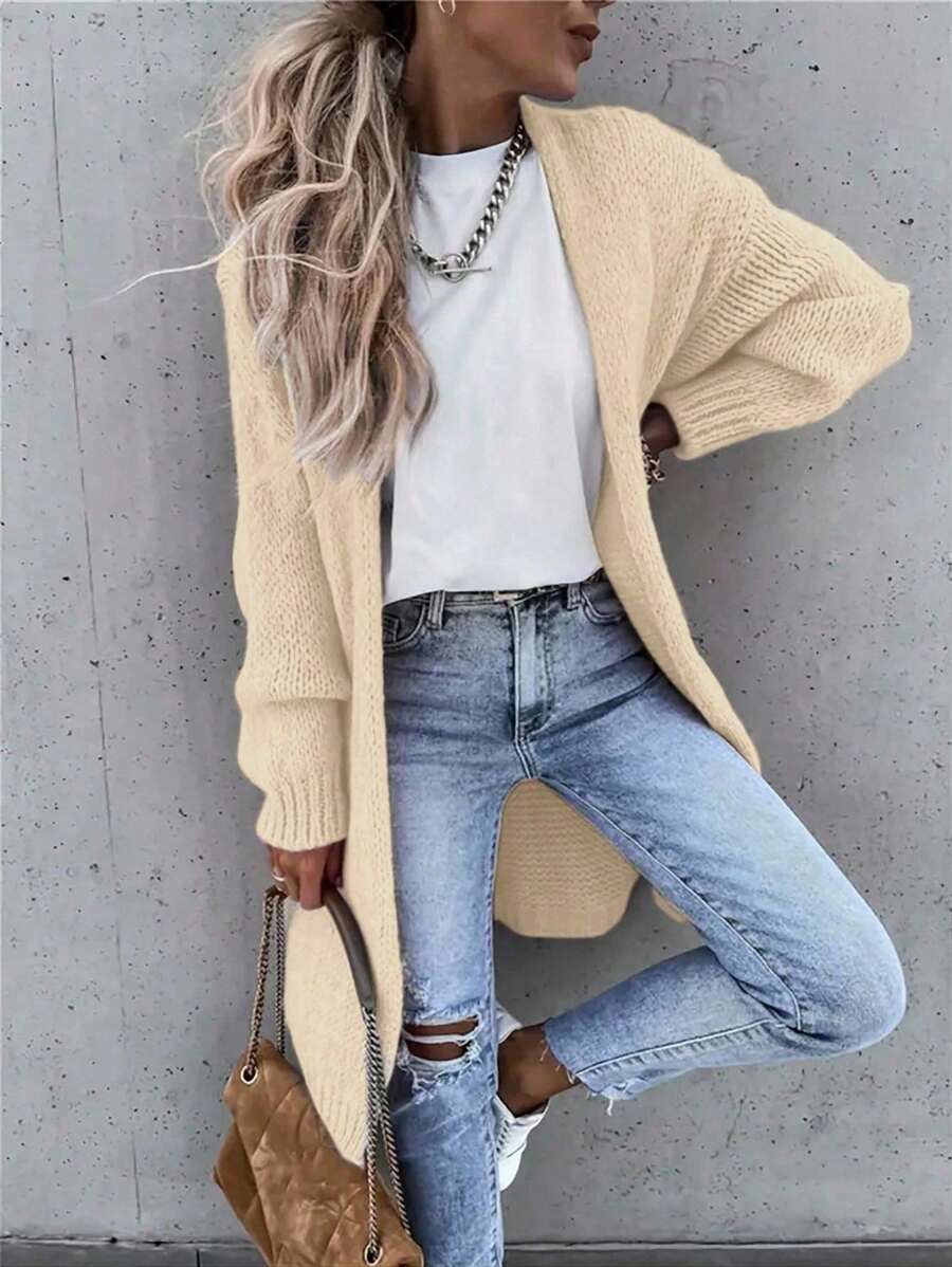 EMERY ROSE 1pc Women Drop Shoulder Loose Fit Long Cardigan Sweater, Solid Color, Casual, Autumn/Winter Green Cardigangreen Cardigan Womenlong Sweater Cardiganlong Cardigan Sweaterduster Cardigan Knitted Sweater Fall Cloth For Women