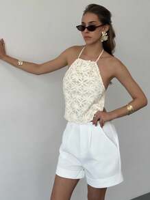 Aloruh Áo crop top hở lưng cổ yếm màu trơn dành cho nữ, đi biển mùa hè, kỳ nghỉ nhiệt đới - trắng - Xem 8