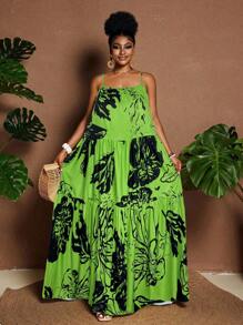 Maweii Plus Size Summer Floral Print Ruffle Hem Loose Strap Dress - Multicolor - View 7