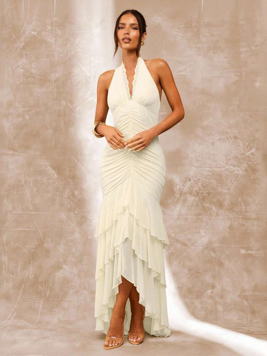 SHEIN BAE Spring/Summer Solid Color Apricot & White Deep V-Neck Ruched Flounced Hem Elegant Dress, Stylish For Brunch, Cocktail, Formal Occasions,Fall Wedding Guest Dress