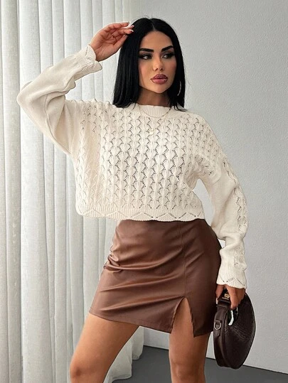 Women's Solid Color Hollow Out Round Neck Dropped Shoulder Long Sleeve Loose Knit Sweater Brown Leather Skirt Two Piece Skirt Set Knit Two Piece Set Cream Knit Top Short Skirt Cream Knit Sweater Cream Skirt
